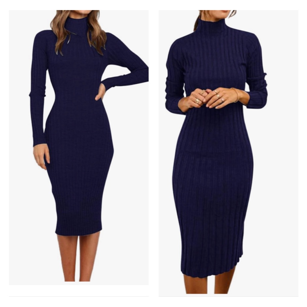Elegant Navy Blue Ribbed Knit Dress